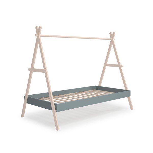 Łóżko dziecięce z litego drewna sosnowego w kształcie domku ze stelażem 90x200 cm w naturalnym kolorze/szarozielone Trufa – Marckeric-image-3