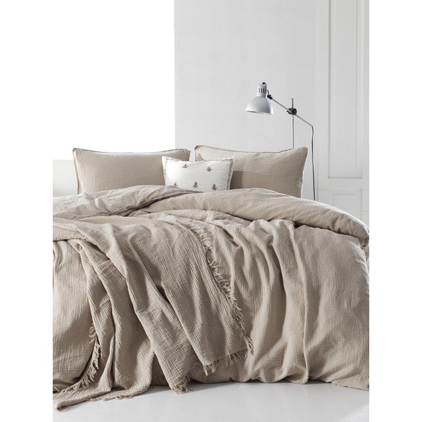 Beżowa muślinowa pościel dwuosobowa 200x200 cm Stonewashed – Mijolnir-image-1