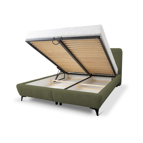 Zielone tapicerowane łóżko dwuosobowe ze stelażem i schowkiem 140x200 cm Makapu – Makamii-image-1