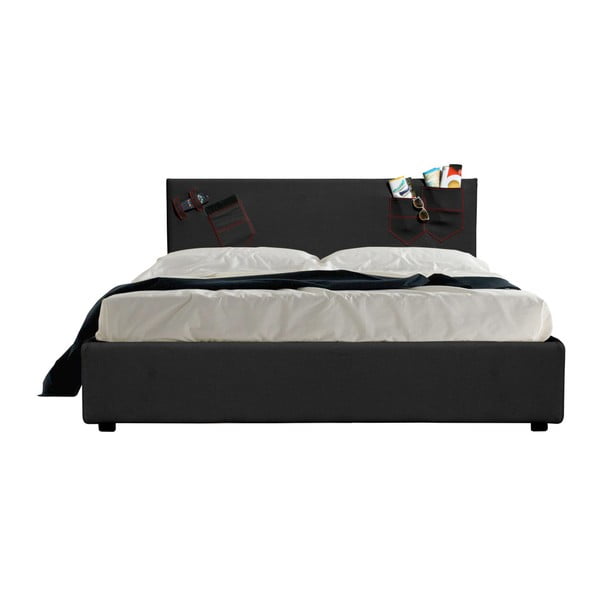 Czarne łóżko dwuosobowe ze schowkiem i materacem 13Casa Task, 160x200 cm