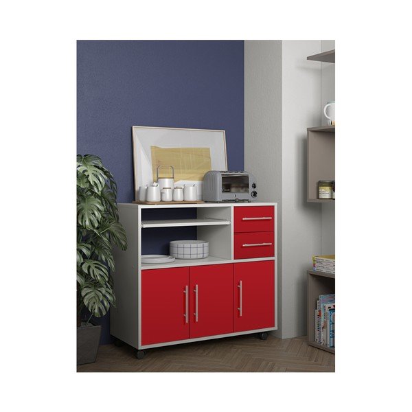 Czerwono-biała szafka kuchenna na kółkach z półkami TemaHome Marius-image-4