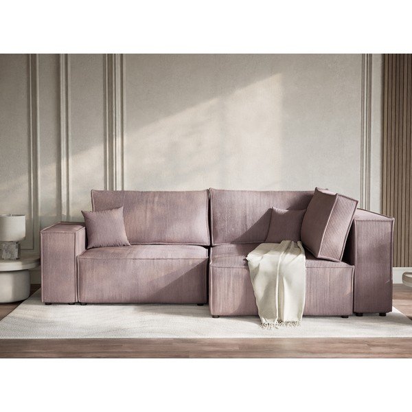 Fioletowy sztruksowy rozkładany/ze schowkiem narożnik (prawostronny/w kształcie litery L) Tonga – Maison de Rêve-image-1