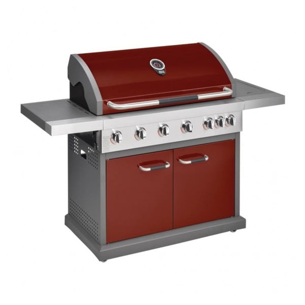Czerwony grill gazowy z 6 palnikami, termometrem i boczną kuchenką Jamie Oliver Pro