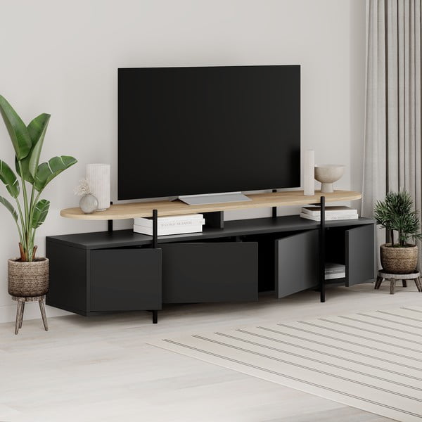 Czarna szafka pod TV w dekorze dębu 160x48 cm Hinoa – Marckeric-image-4