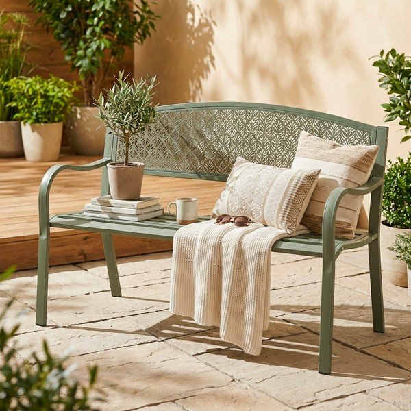 Metalowa ławka ogrodowa w kolorze khaki Lizette – Bizzotto-image-1