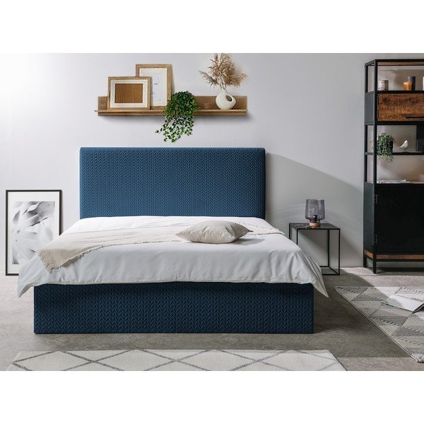 Niebieske tapicerowane łóżko dwuosobowe ze schowkiem ze stelażem 160x200 cm Adele – Bobochic Paris-image-2