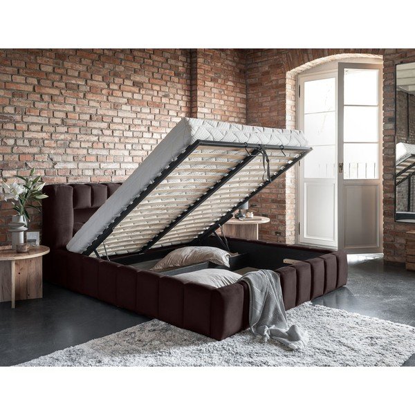 Ciemnobrązowe tapicerowane łóżko dwuosobowe ze schowkiem ze stelażem 160x200 cm Lamica – ELTAP-image-3