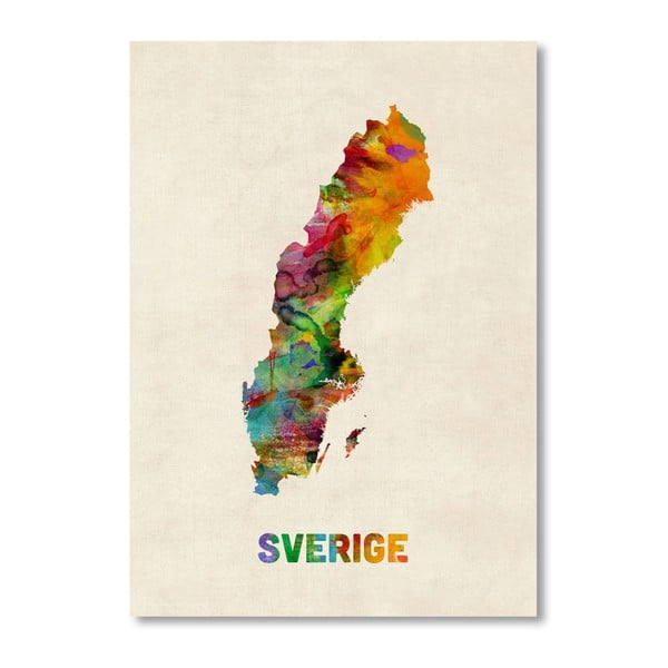 Plakat z kolorową mapą Szwecji Americanflat Art, 60x42 cm