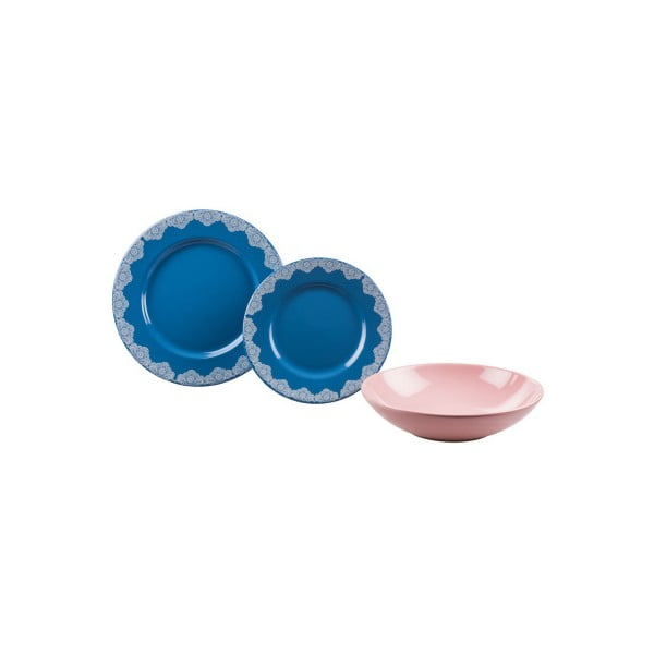 Różowo-niebieski komplet talerzy Modern Lace Mykonos, 18 szt.