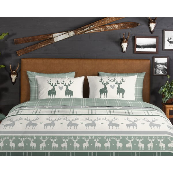 Zielono-kremowa flanelowa pościel dwuosobowa 200x220 cm Bjirk – Good Morning-image-2