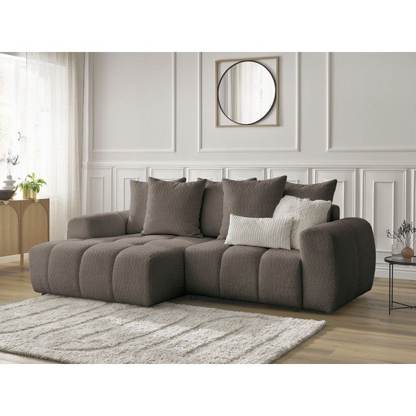 Brązowy rozkładany narożnik z materiału bouclé ze schowkiem (lewostronny/z szezlongiem) Roxelane – Bobochic Paris-image-4