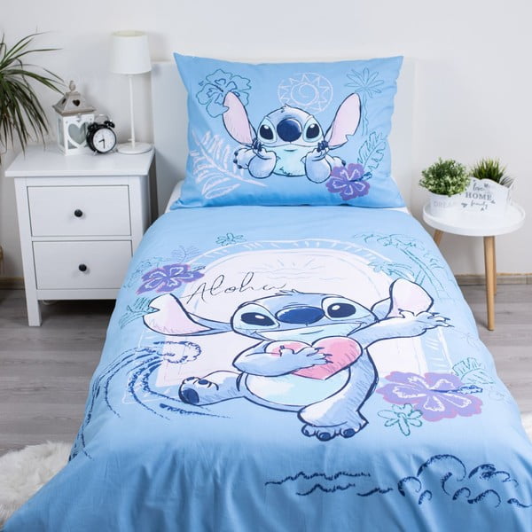 Niebieska bawełniana pościel dziecięca jednoosobowa 140x200 cm Lilo and Stitch "Wave" – Jerry Fabrics-image-1