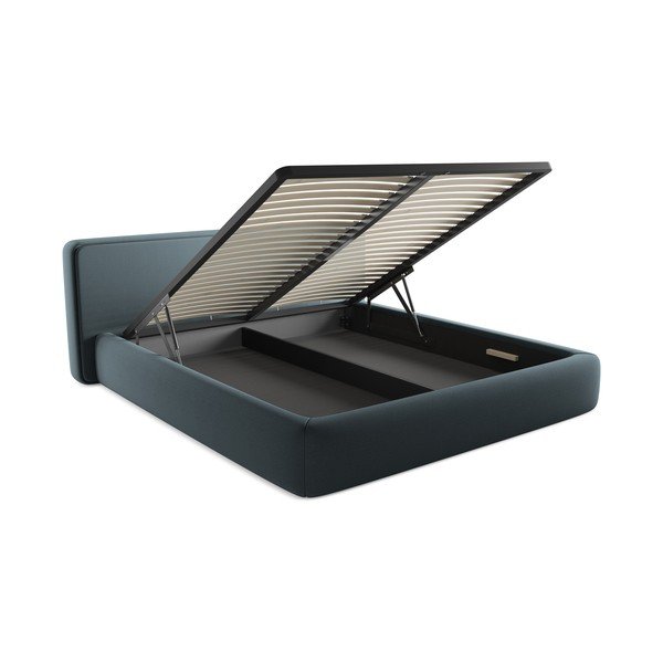 Niebieskie tapicerowane łóżko dwuosobowe ze schowkiem i stelażem 180x200 cm Kiana – Makamii-image-3