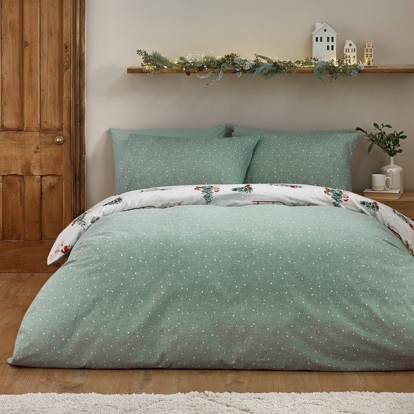 Zielona/w naturalnym kolorze flanelowa pościel dwuosobowa 200x200 cm Brushed Christmas Dogs – Catherine Lansfield-image-1