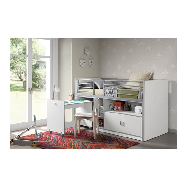 Białe łóżko piętrowe z wysuwanym biurkiem i schowkiem Vipack Bonny, 200x90 cm-image-1