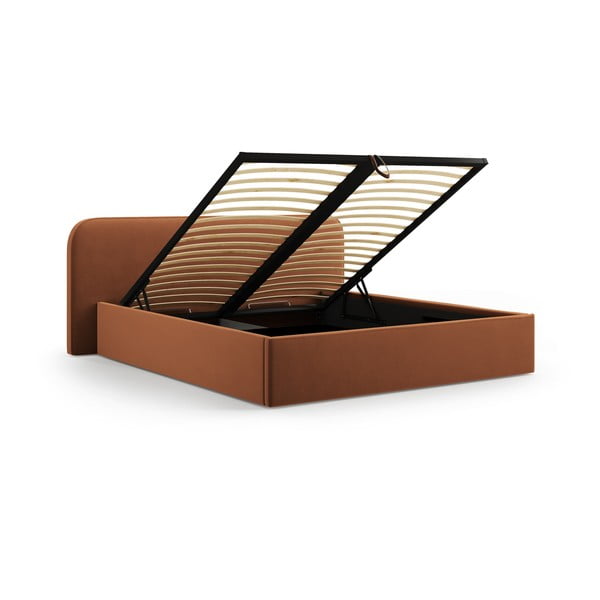 Tapicerowane łóżko dwuosobowe ze schowkiem i stelażem 200x200 cm w kolorze terakoty Elizabeth – Micadoni -image-2