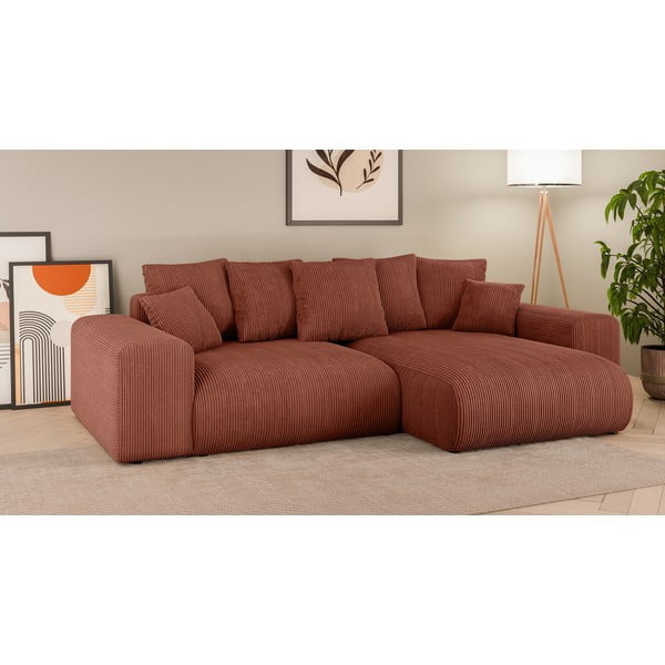 Ceglasty sztruksowy rozkładany narożnik ze schowkiem (strona zmienna) Luma – Ropez-image-1