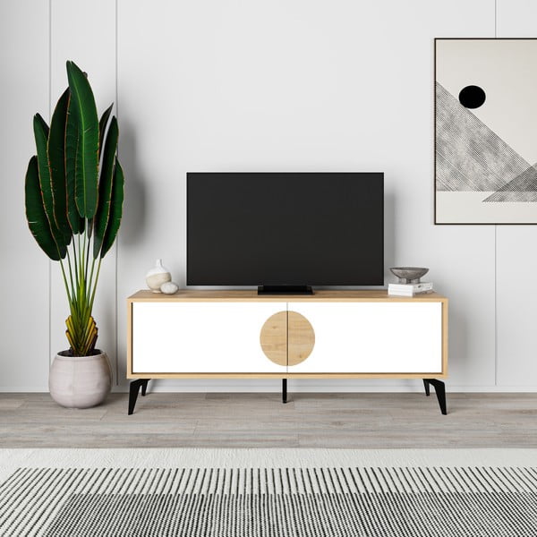 Biała szafka pod TV w dekorze dębu 140x51 cm Vae – Marckeric-image-3