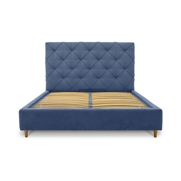 Niebieskie tapicerowane łóżko dwuosobowe ze schowkiem i stelażem 160x200 cm Bee – Scandic-image-3