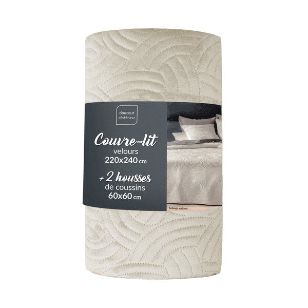 Kremowy aksamitny zestaw narzuty na łóżko i poszewki na poduszkę 220x240 cm Solange – douceur d'intérieur