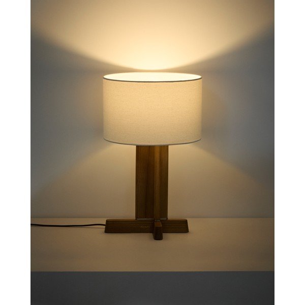 Biała/brązowa lampa stołowa z litego drewna kauczukowego z tekstylnym kloszem (wysokość 48 cm) Niani – Kave Home-image-2