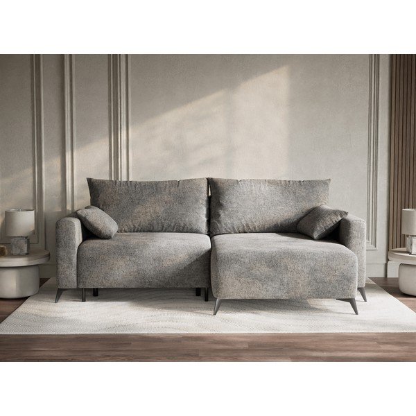 Szary rozkładany/ze schowkiem narożnik z tkaniny szenilowej (prawostronny/z szezlongiem) Leon – Maison de Rêve-image-1