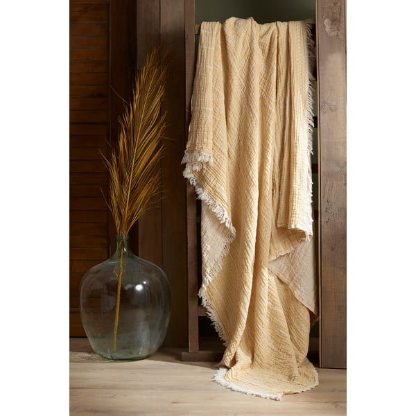 Żółta narzuta muślinowa na łóżko dwuosobowe 220x240 cm Etno – Mijolnir-image-2