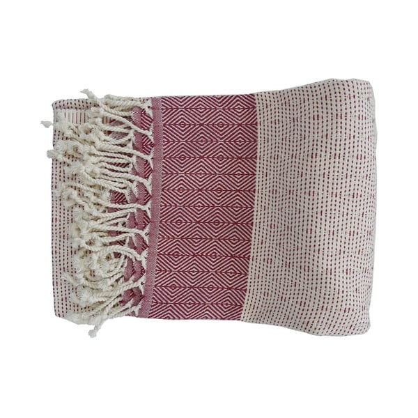 Czerwono-biały ręcznik tkany ręcznie z wysokiej jakości bawełny Hammam Nefes, 100x180 cm
