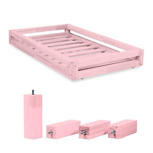 Komplet różowej szuflady pod łóżko i 4 wydłużonych nóg Benlemi, łóżko 80x200 cm