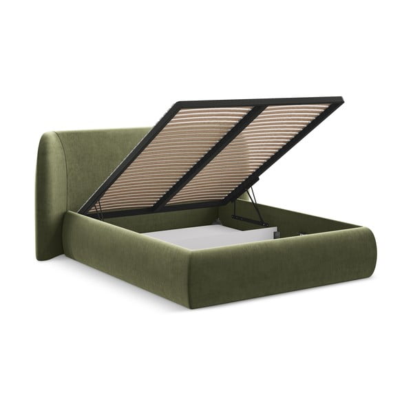 Zielone tapicerowane łóżko dwuosobowe ze schowkiem i stelażem 160x200 cm Hauke – Makamii-image-2