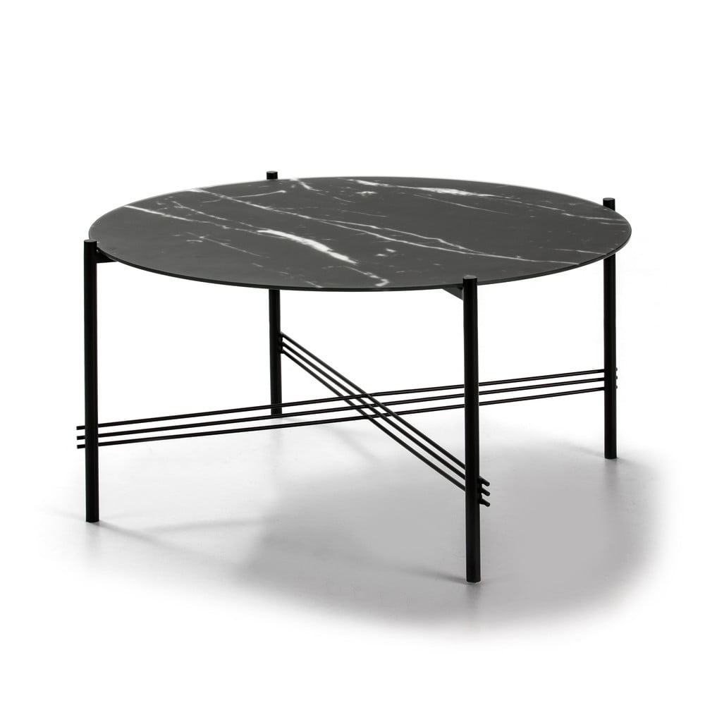 Czarny stolik ze szklanym blatem w dekorze marmuru Marckeric, ø 84 cm