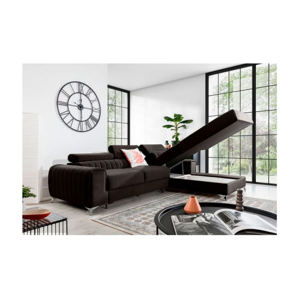 Ciemnobrązowy aksamitny rozkładany/ze schowkiem narożnik (prawostronny/z szezlongiem) Grayson – ELTAP-image-3