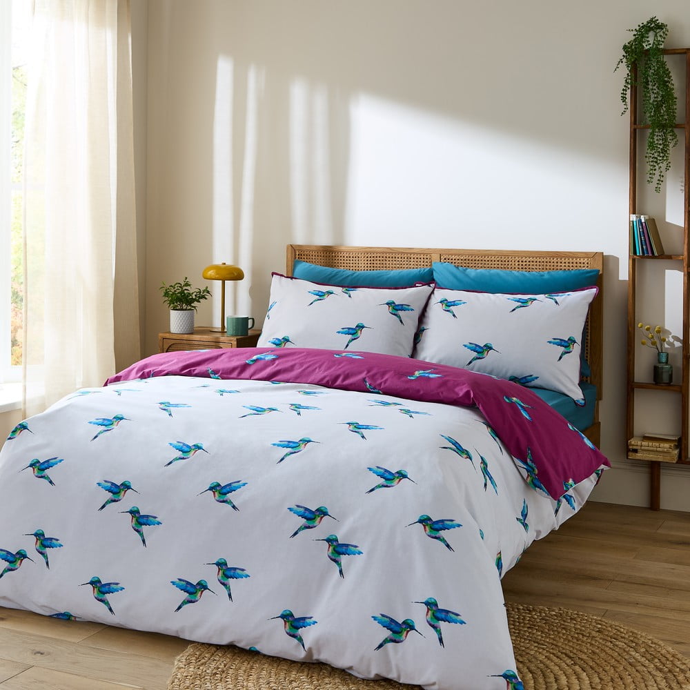Biało-fioletowa bawełniana pościel jednoosobowa 135x200 cm Hummingbird – Their Nibs (zdjęcie 3)