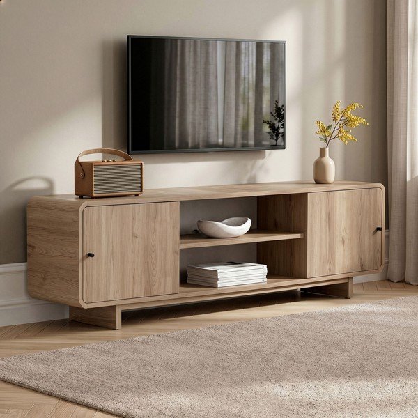 Szafka pod TV w dekorze dębu w jasnym naturalnym kolorze 180x52x34 cm Mirel – Nordure-image-3