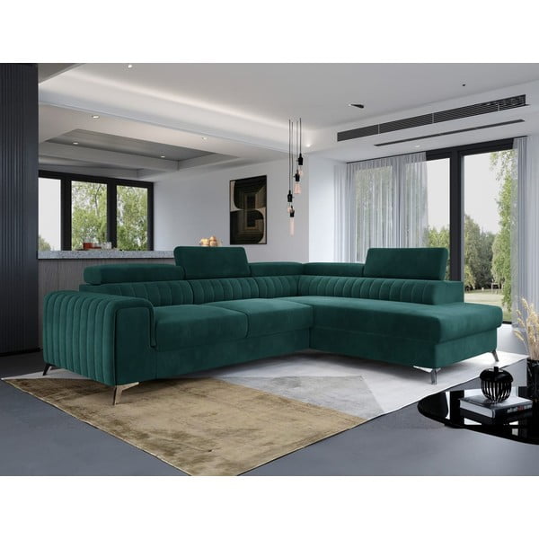 Zielony aksamitny rozkładany/ze schowkiem narożnik (prawostronny/w kształcie litery L) Laurence – ELTAP-image-1