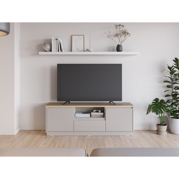 Beżowa szafka pod TV w dekorze dębu 161x55x40 cm Loreta – Marckeric-image-1