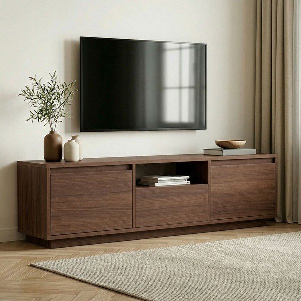 Szafka pod TV w dekorze orzecha w ciemnym naturalnym kolorze 160x42x30 cm Sentinel – Kalune Design-image-1