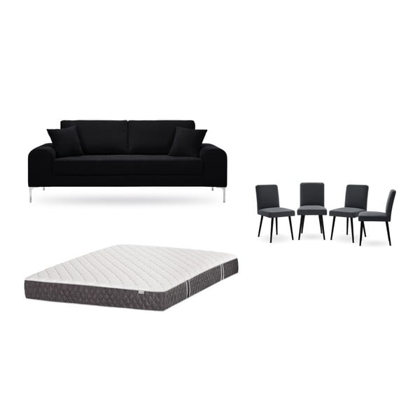 Zestaw 3-osobowej czarnej sofy, 4 antracytowych krzeseł i materaca 160x200 cm Home Essentials