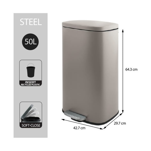 Szarobrązowy stalowy kosz na śmieci z pedałem 50 l   Akira – Spirella-image-3