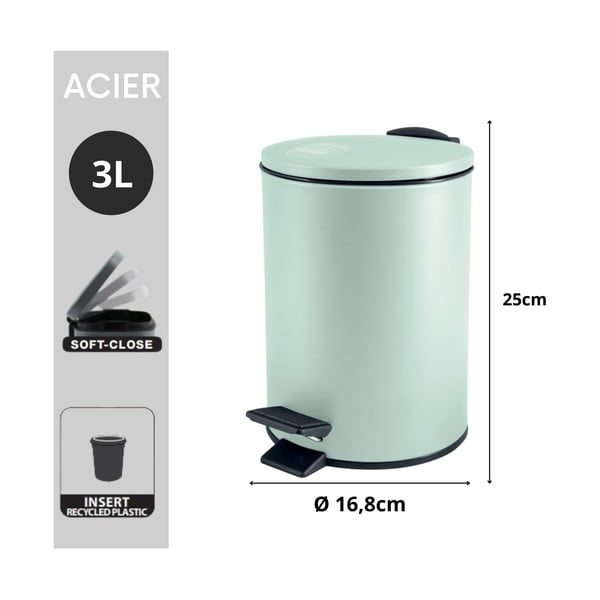Miętowy stalowy kosz na śmieci z pedałem 3 l   Adelar – Spirella-image-3