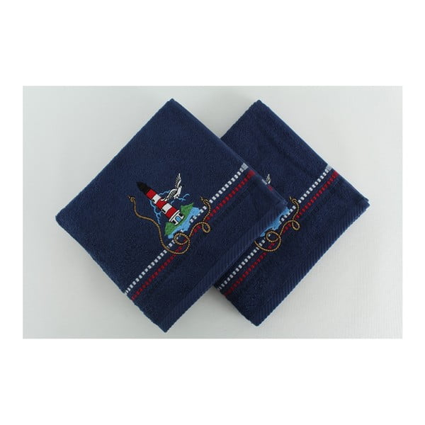 Zestaw 2 ciemnoniebieskich bawełnianych ręczników kąpielowych Marina Denis, 50x90 cm