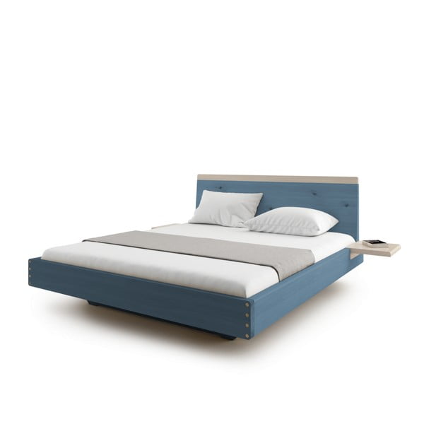 Niebieskie łóżko 2-osobowe z litego drewna dębowego JELÍNEK Amanta, 160x200 cm
