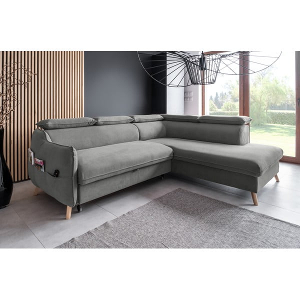 Jasnoszary aksamitny rozkładany narożnik (prawostronny) Sweet Harmony – Miuform-image-3