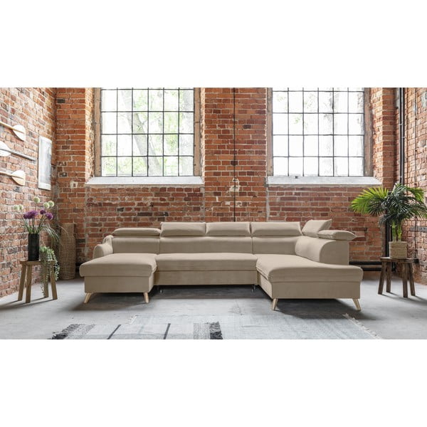 Beżowy aksamitny rozkładany narożnik (prawostronny/w kształcie litery U) Sweet Harmony – Miuform-image-1