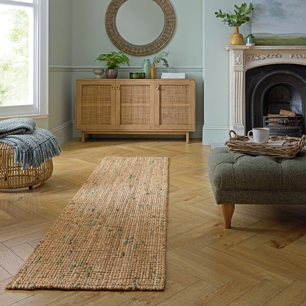 Zielono-naturalny dwustronny chodnik z juty tkany ręcznie 60x230 cm Jute Boucle Green – Flair Rugs-image-1