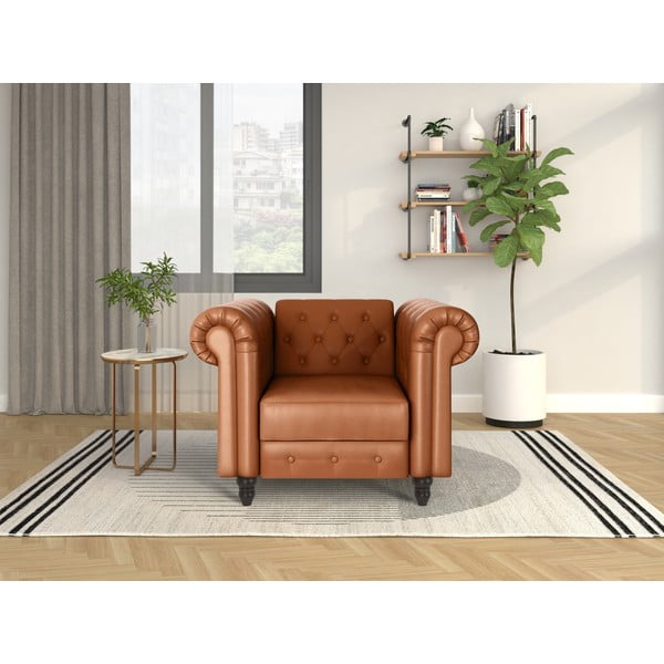 Koniakowy fotel typu chesterfield z imitacji skóry Felix – Støraa-image-1