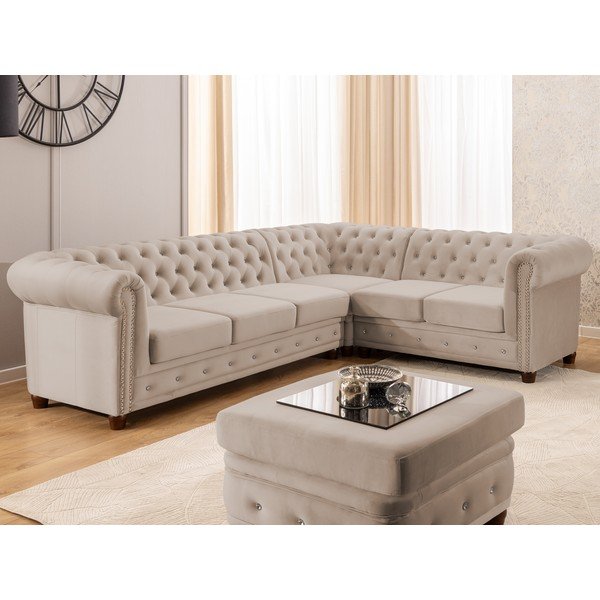 Beżowy aksamitny rozkładany narożnik (prawostronny/w kształcie litery L) York Blik – Ropez-image-1