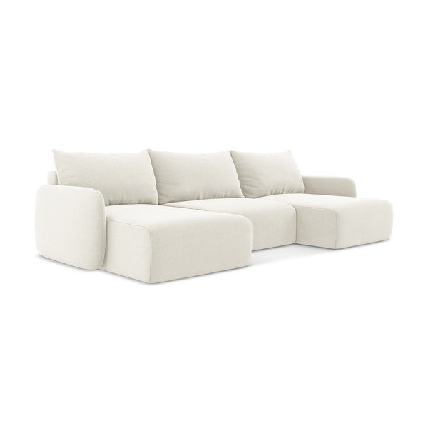 Kremowy aksamitny rozkładany/ze schowkiem narożnik (w kształcie litery U) Kalena – Makamii-image-2