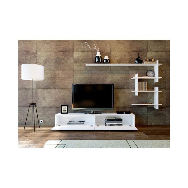 Komplet białej szafki pod TV i półki Ahenk-image-4