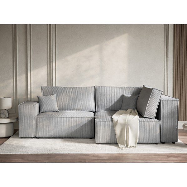 Szary sztruksowy rozkładany/ze schowkiem narożnik (prawostronny/w kształcie litery L) Tonga – Maison de Rêve-image-1